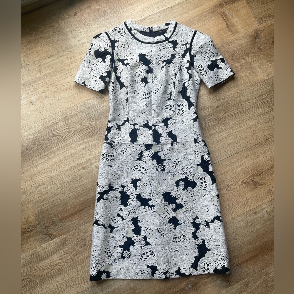 Derek Lam Embroidered Sheath Dress | Size 2 | Black & White Wool-Silk Blend